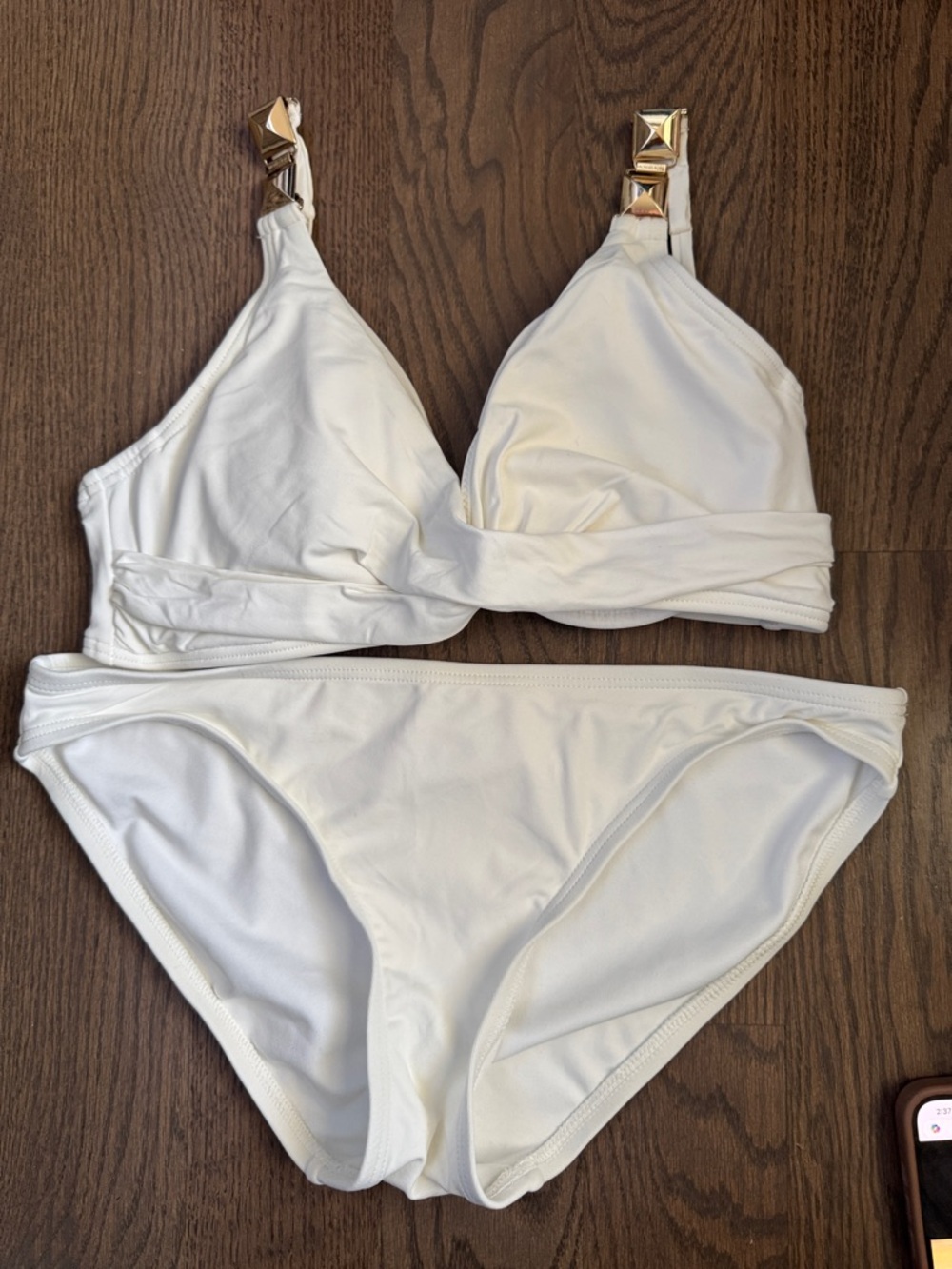 Michael Kors White Two-Piece Bikini with Gold Stud Strap Accents